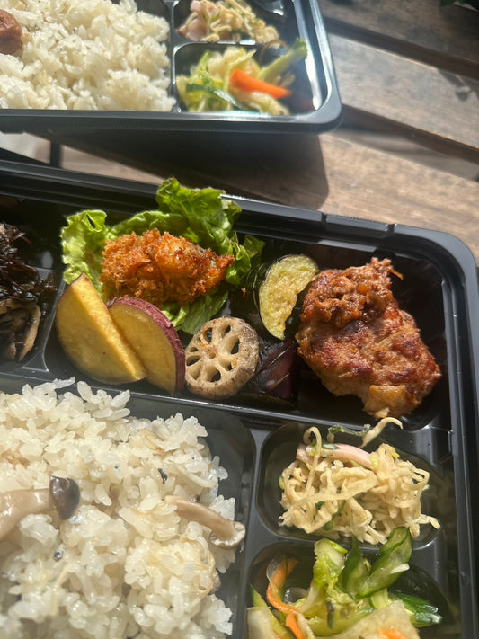 日替わり幕内弁当 しらすの炊き込みご飯とミニハンバーグとミニカキフライ