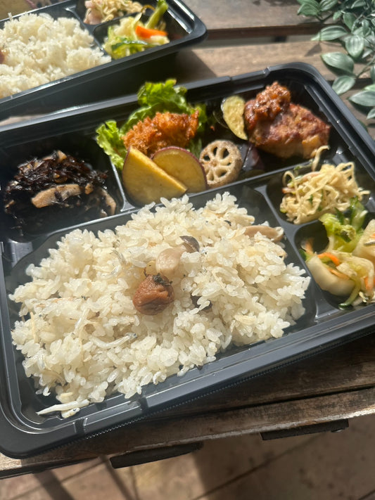 日替わり幕内弁当　しらすの炊き込みご飯とミニハンバーグとミニカキフライ